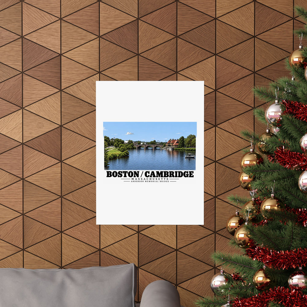 Anderson Memorial Bridge distant river view poster on a wood wall beside a decorated evergreen