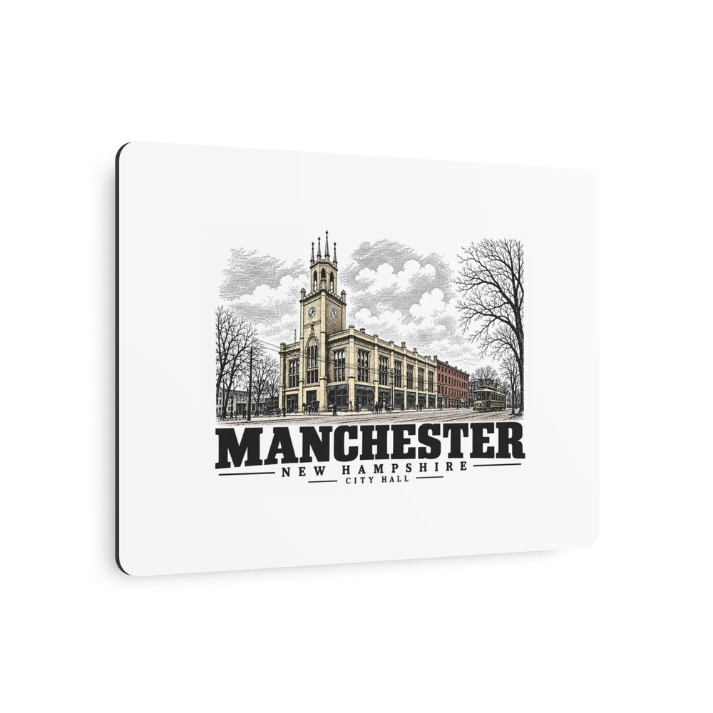 Angled front of City Hall horizontal metal wall art, Manchester, New Hampshire.