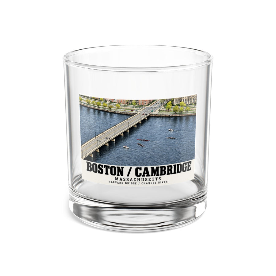 Clear rocks glass showing Harvard Bridge aerial view with scullers on the Charles River artwork and Boston/Cambridge lettering