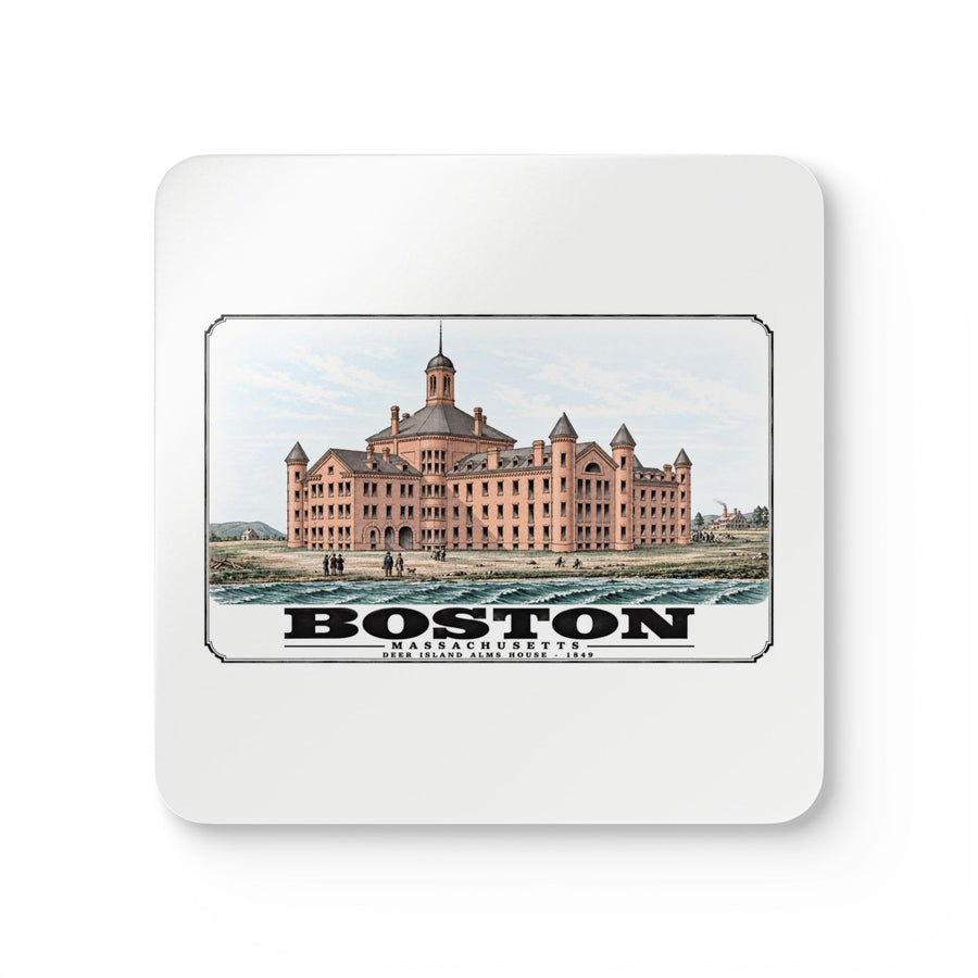 White square coaster showing large symmetrical alms house building, grounds and figures artwork and Boston lettering