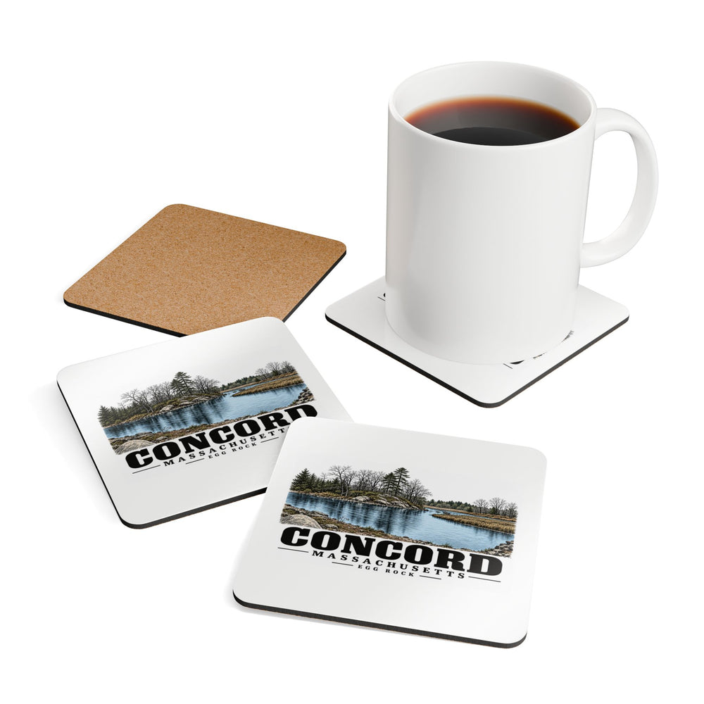 Illustrated Egg Rock in Concord on corkwood coaster set
