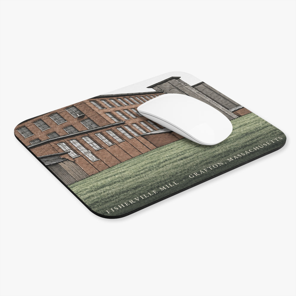 Grafton Fisherville Mill mouse pad shown on a desk with a mouse