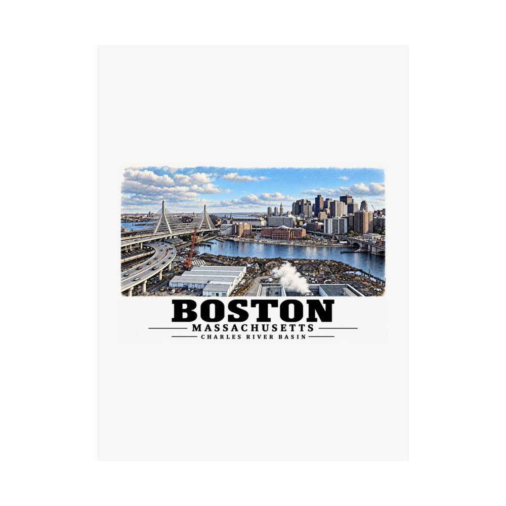 Flat Boston skyline, cable-stayed bridge and Charles River basin poster with Boston lettering