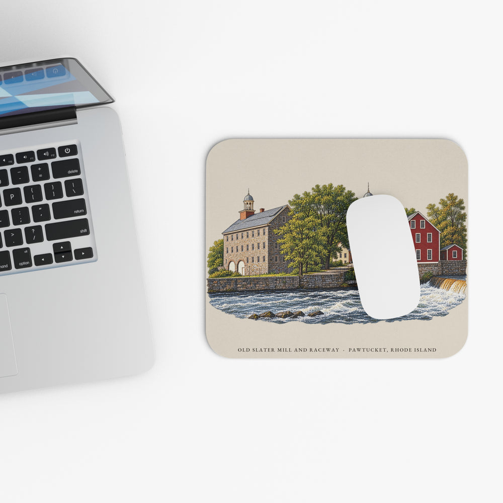 Pawtucket Old Slater Mill and Raceway mouse pad mockup showing the full illustrated print