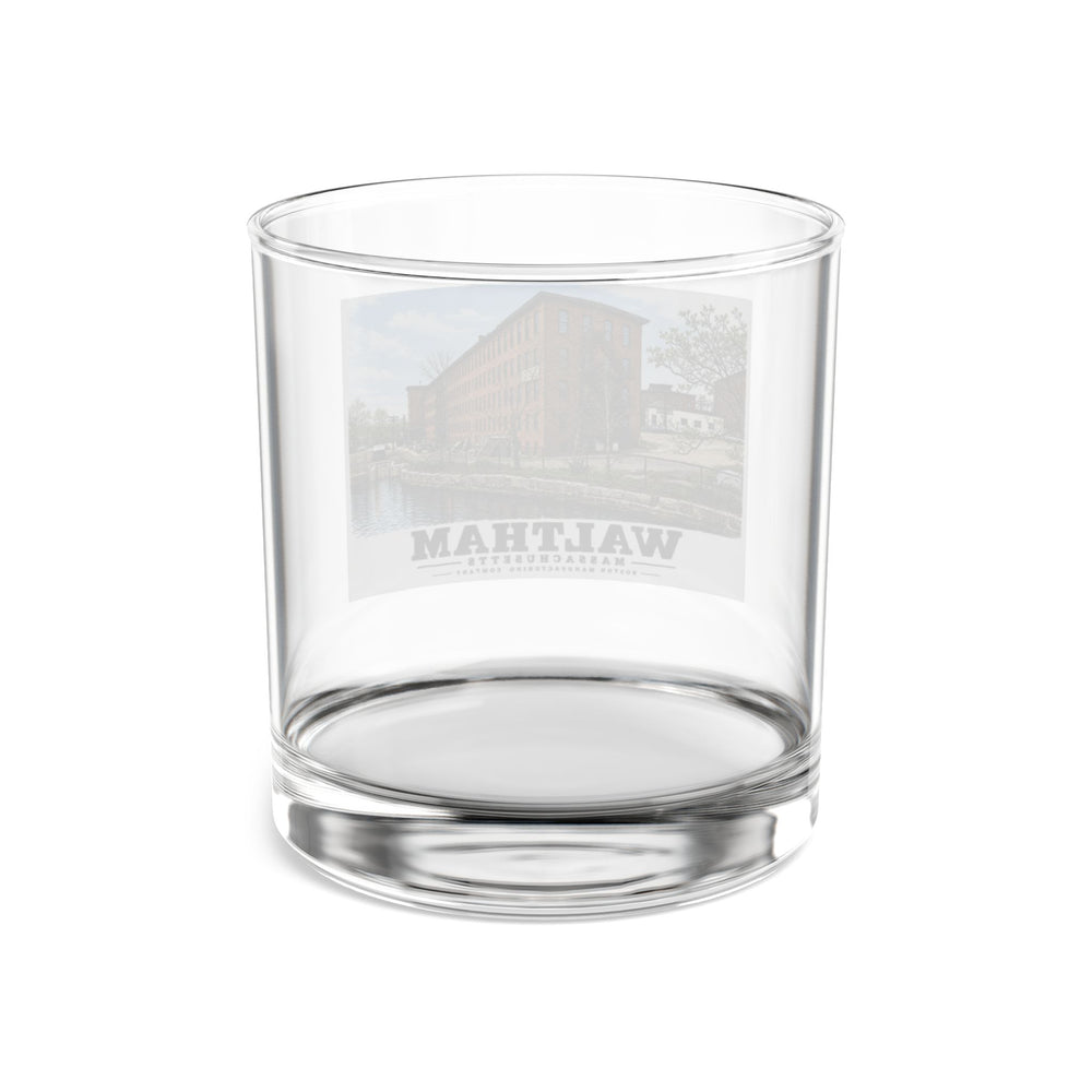 Illustrated Boston Manufacturing Company in Waltham on rocks glass
