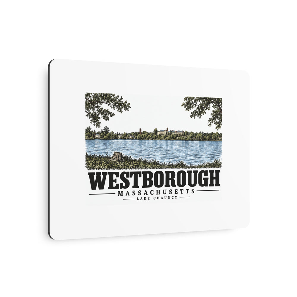 Illustrated Lake Chauncy in Westborough on metal art sign