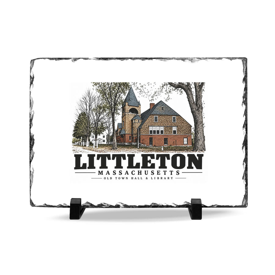 Illustrated Old Town Hall & Library in Littleton on slate desk plaque