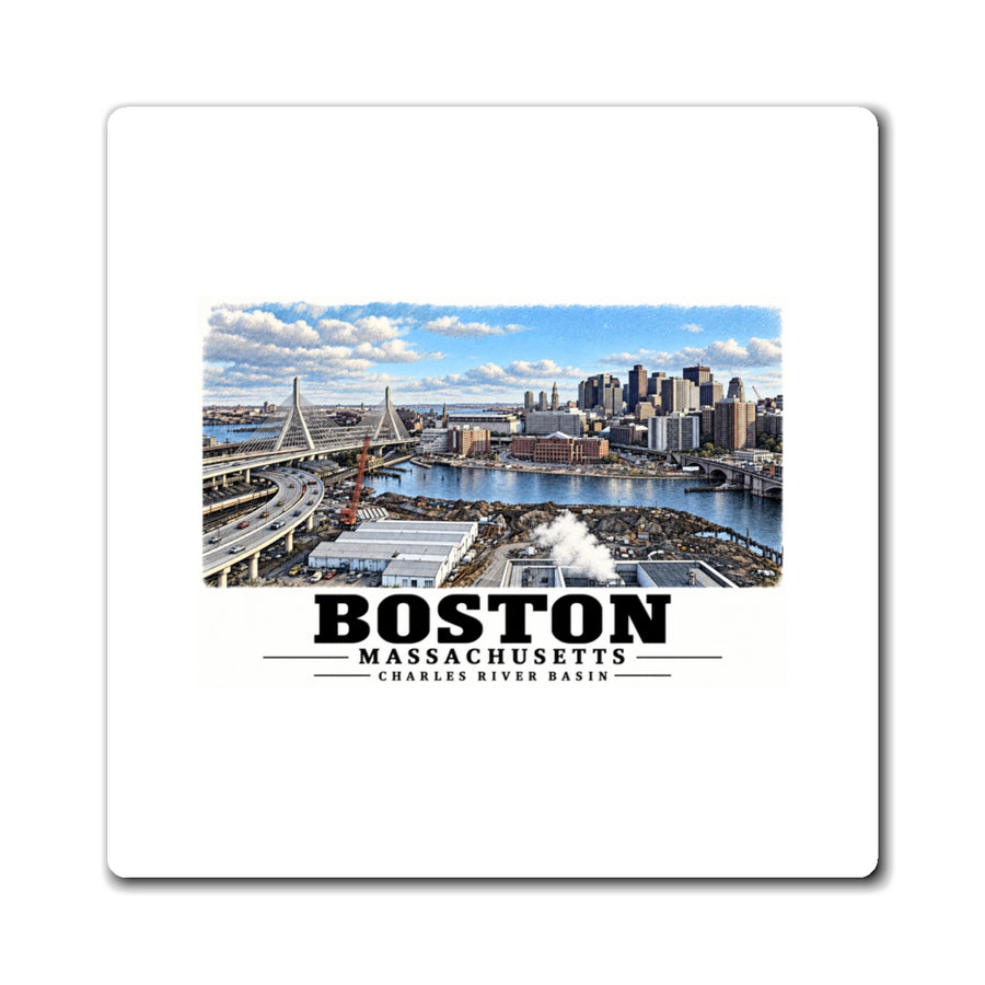 White rectangular magnet showing Boston skyline, cable-stayed bridge and Charles River basin artwork and Boston lettering