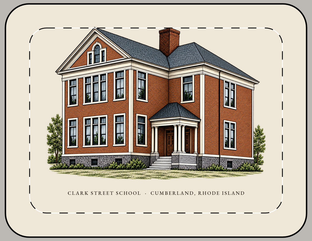 Cumberland Clark Street School 15-inch laptop sleeve mockup showing the full illustrated print