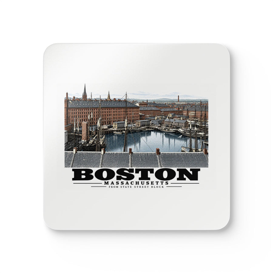 Square white coaster showing Boston Harbor warehouses, moored sailing vessels and blue harbor water with Boston, Massachusetts and From State Street Block lettering