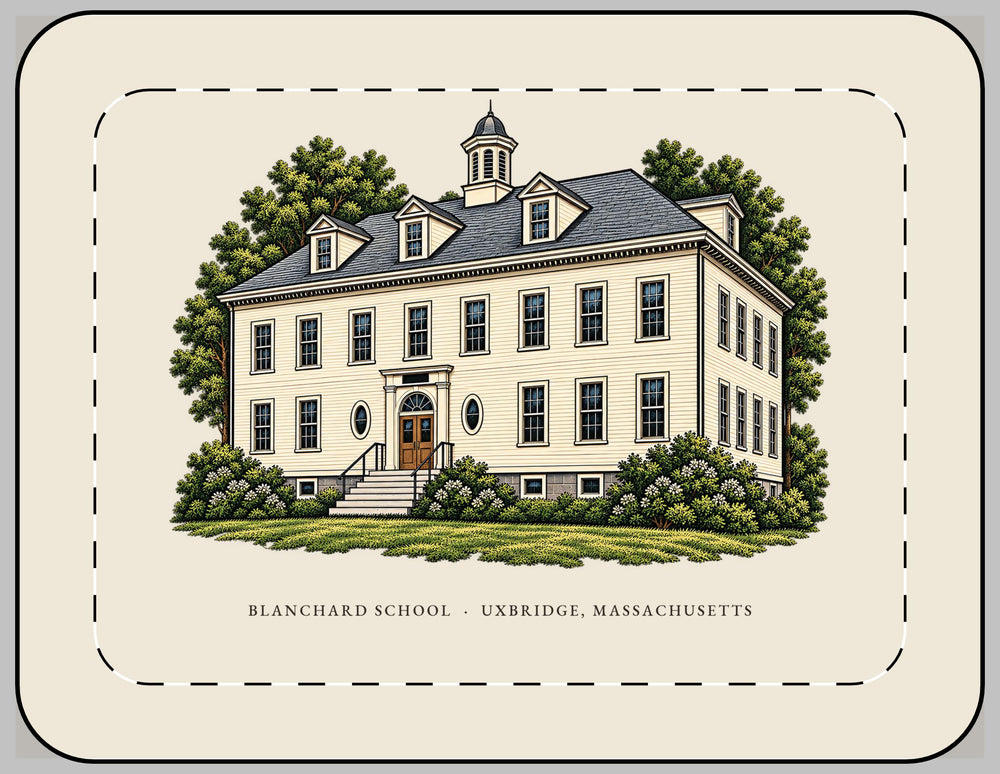 Uxbridge Blanchard School 13-inch laptop sleeve mockup showing the full illustrated print