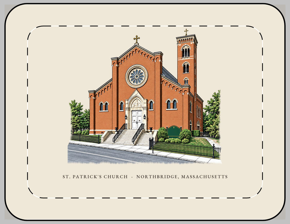Northbridge St. Patrick's Church 13-inch laptop sleeve mockup showing the full illustrated print