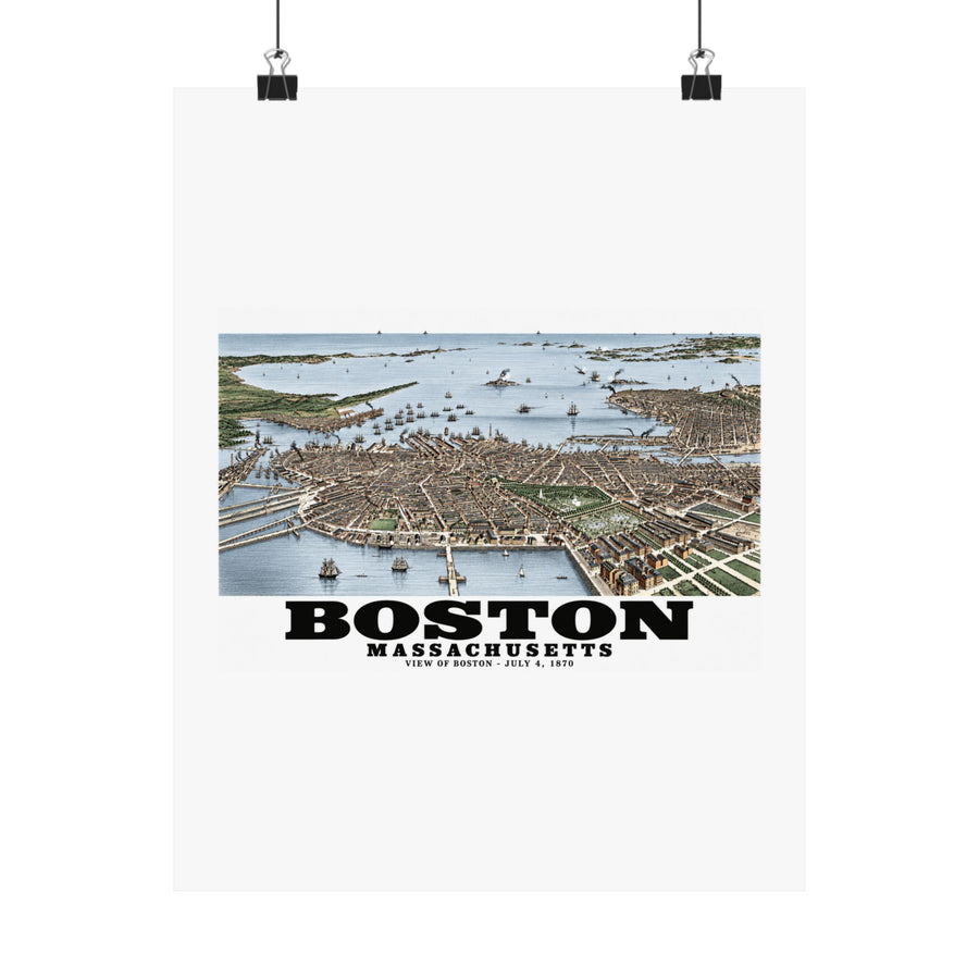 historic Boston harbor panorama with boats and waterfront buildings poster with Boston lettering hanging from two binder clips