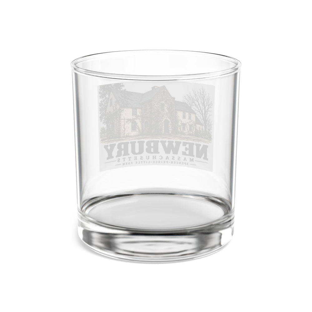 Transparent reverse of Spencer-Peirce-Little Farm rocks glass, with Newbury, Massachusetts artwork and lettering.