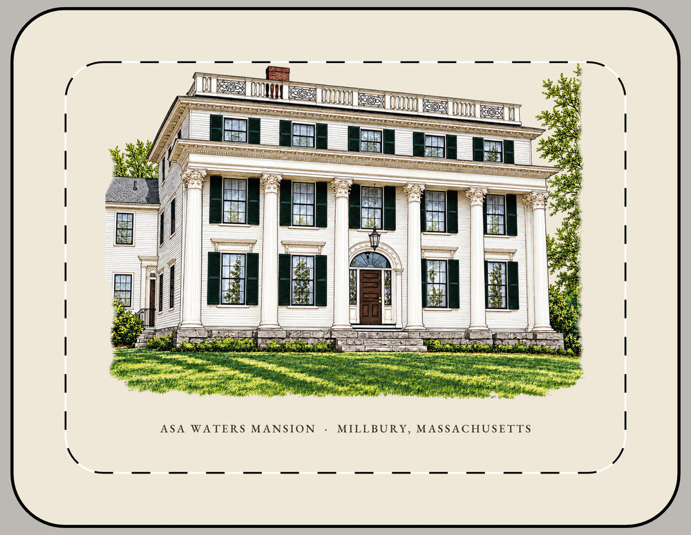 Millbury Asa Waters Mansion 15-inch laptop sleeve mockup showing the full illustrated print