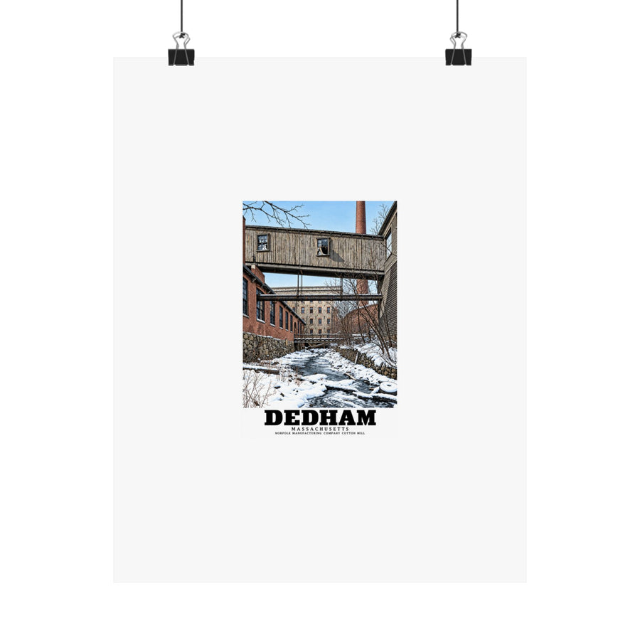 Front view of the Dedham Norfolk Manufacturing Company Cotton Mill matte poster suspended by binder clips.