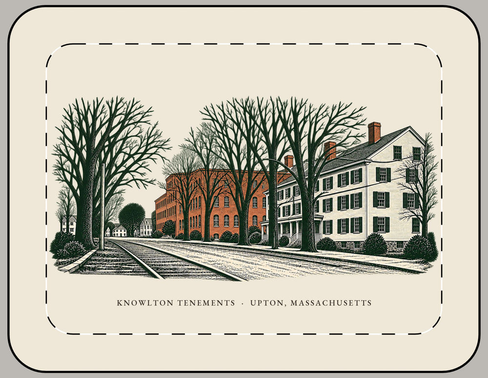Upton Knowlton Tenements and Upton Loop Street Railway 15-inch laptop sleeve mockup showing the full illustrated print