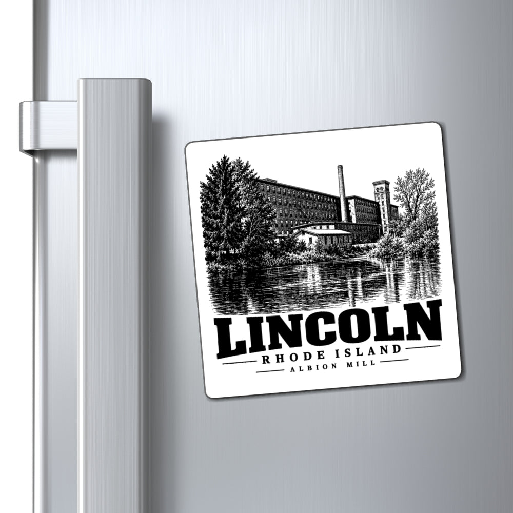 Angled view of the square Albion Mill magnet on a refrigerator door, Lincoln, Rhode Island