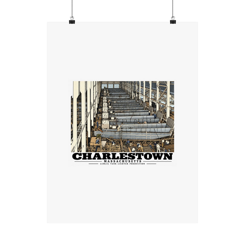 18 x 24 inch matte poster hanging from clips with landing-craft production and Charlestown artwork