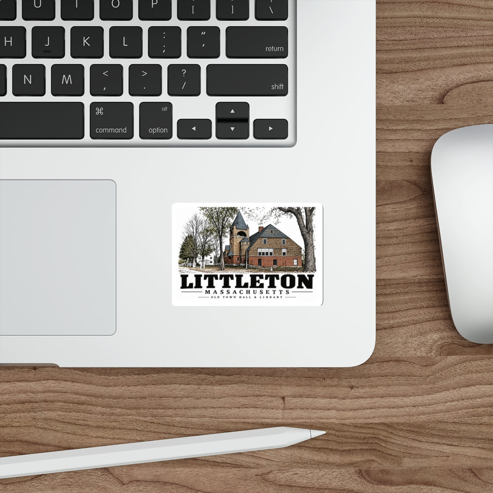 Illustrated Old Town Hall & Library in Littleton on die-cut sticker