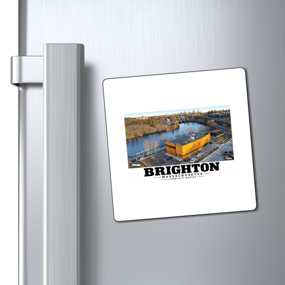 Community Rowing aerial building and river magnet on a refrigerator beside its handle