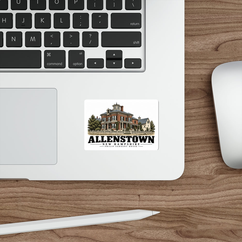 Laptop display of Philip Sargent House white die-cut sticker, with Allenstown, New Hampshire artwork and lettering.