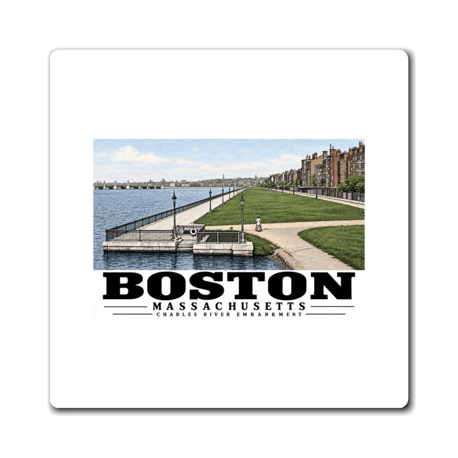 White rectangular magnet showing Charles River Embankment riverside path, lawn and buildings artwork and Boston lettering