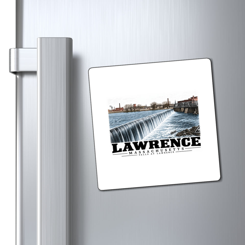 Refrigerator display of Falls at Lawrence square vinyl magnet, Lawrence, Massachusetts.