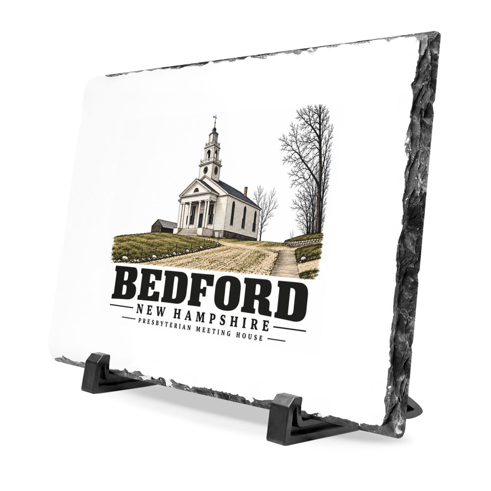 Angled front on display stands of Presbyterian Meeting House slate desk plaque, with Bedford, New Hampshire artwork and lettering.