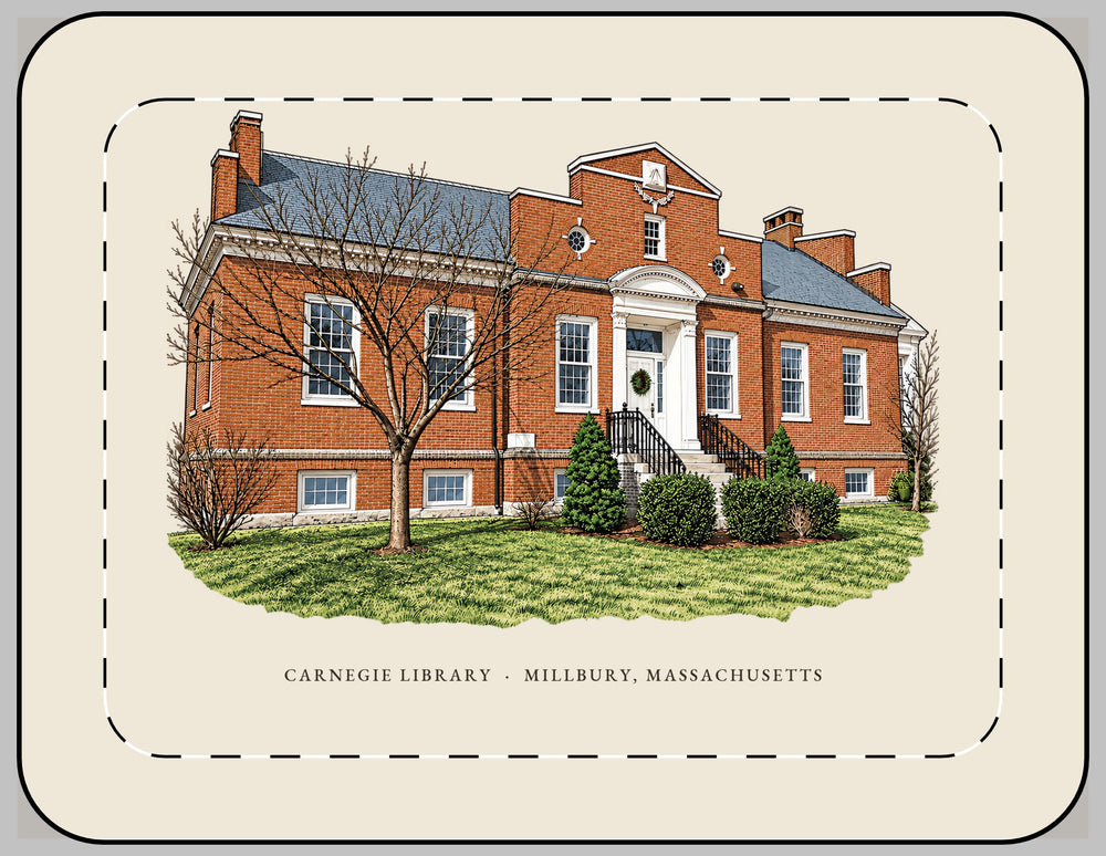Millbury Carnegie Library 13-inch laptop sleeve mockup showing the full illustrated print