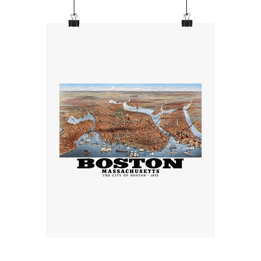 historic Boston city and waterways bird-eye panorama poster with Boston lettering hanging from two binder clips