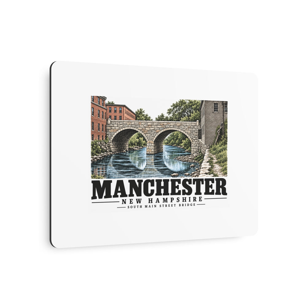 Angled front of South Main Street Bridge metal wall art, with Manchester, New Hampshire artwork and lettering.