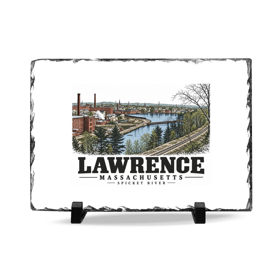 Front on display stands of Spicket River slate desk plaque, with Lawrence, Massachusetts artwork and lettering.