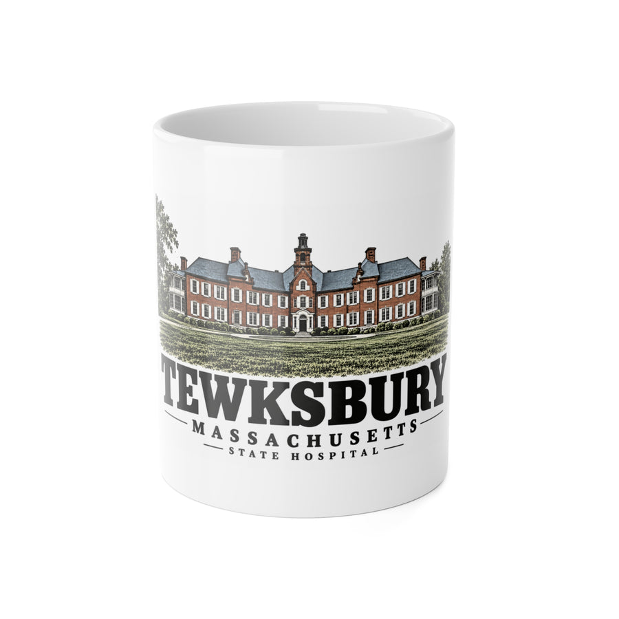 Front of State Hospital white ceramic mug, Tewksbury, Massachusetts.