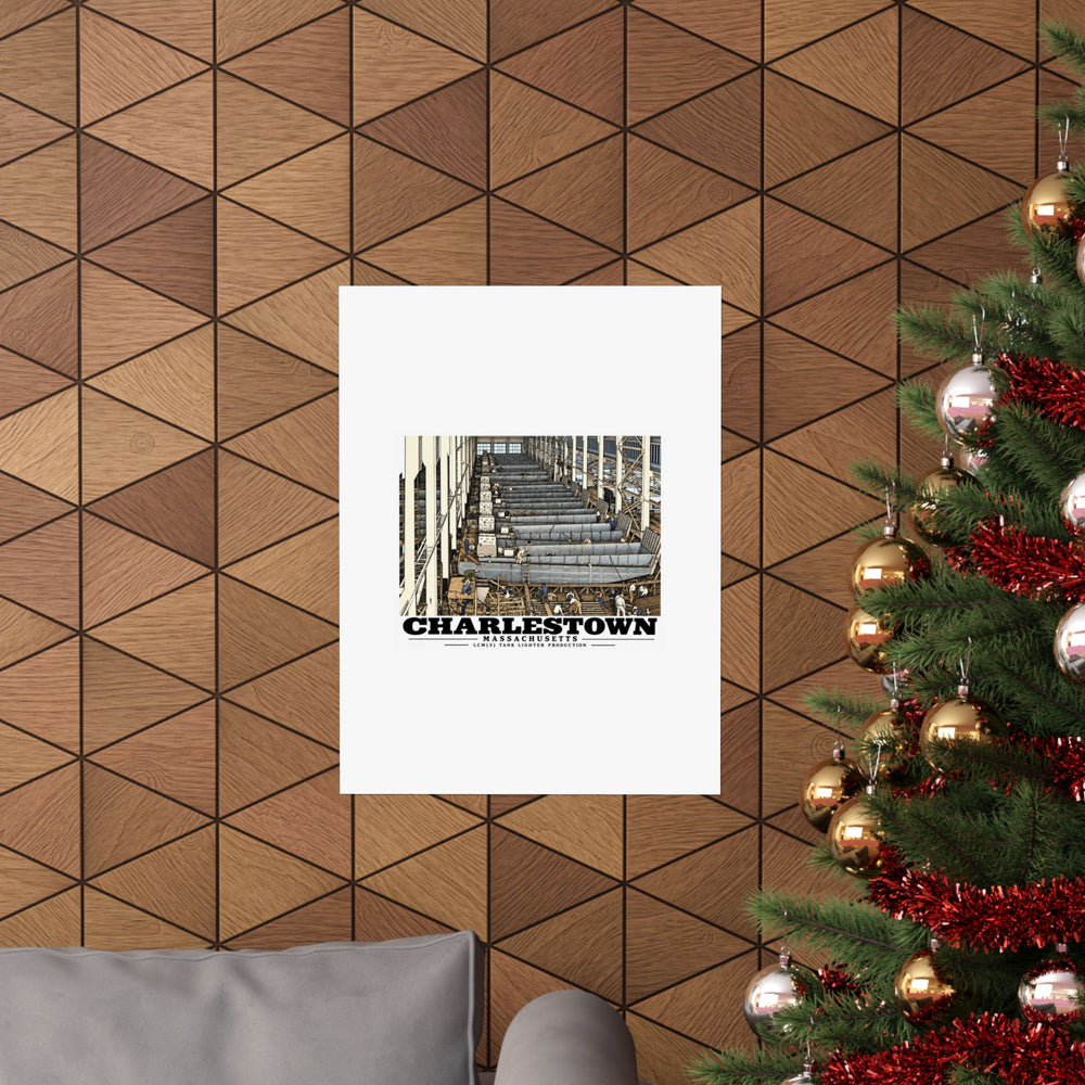18 x 24 inch landing-craft production line poster displayed on wooden wall beside holiday tree