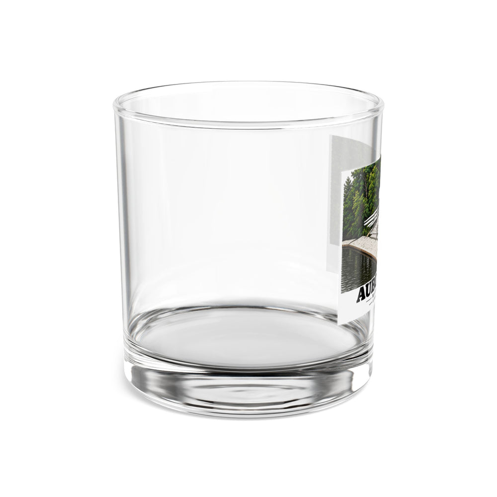 Right-side view of the clear rocks glass with Stoller Boathouse artwork partly visible.