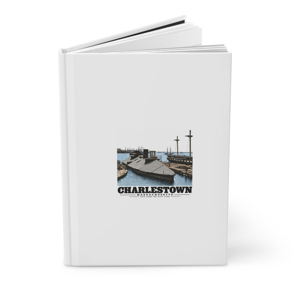 Partly open Navy Yard waterfront hardcover journal showing printed front cover