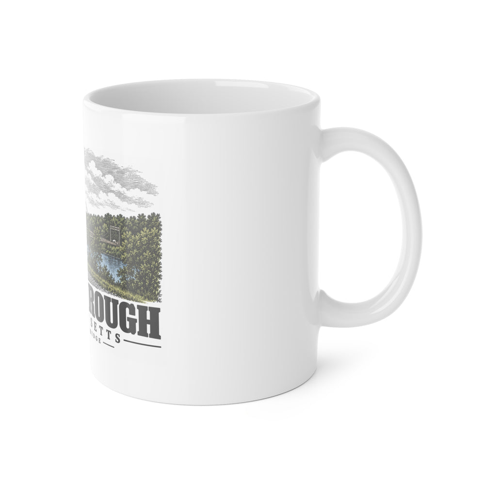 Tyngsborough Vesper suspension footbridge and railroad approach 11 oz White Ceramic Mug - Merrimack Valley Goods