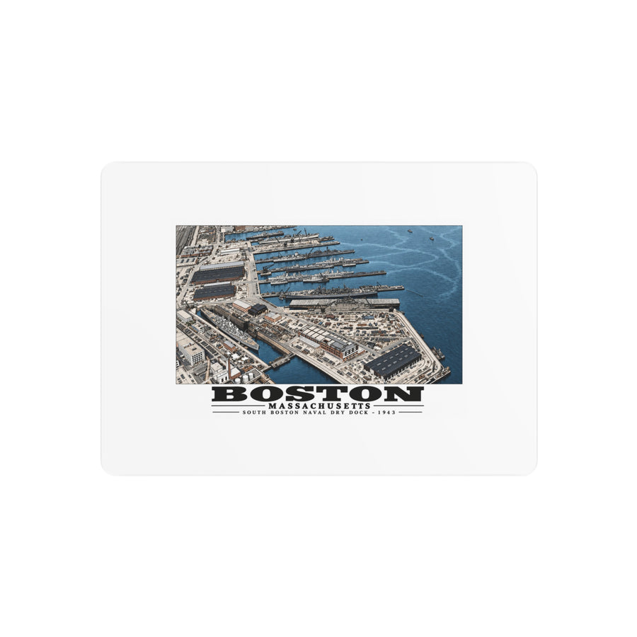 Aerial view of US Naval Dry Dock-BB-61 USS IOWA in dry dock #3-USS BUNKER HILL at East Jetty-AP-21 USS WAKEFIELD at pier 7 × 5 in Horizontal Metal Wall Art - Boston Harbor