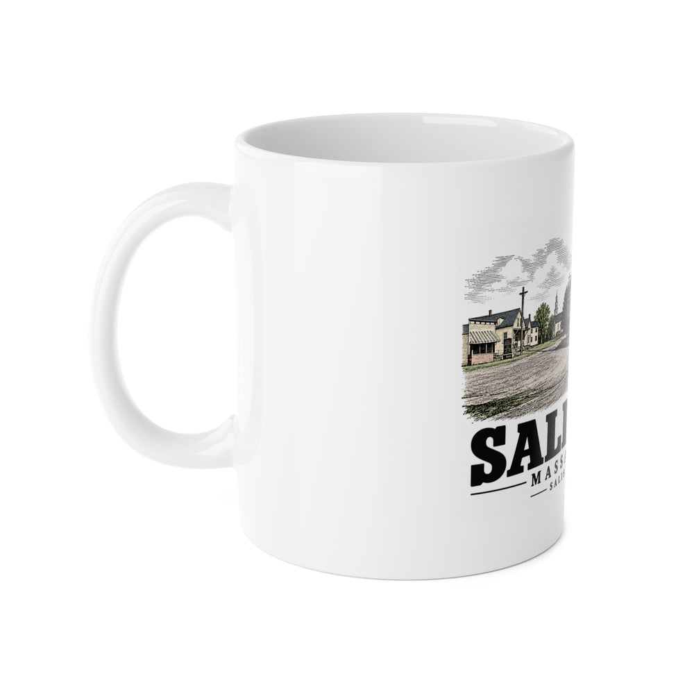 Left-handle side view of Salisbury Square white ceramic mug, Salisbury, Massachusetts.