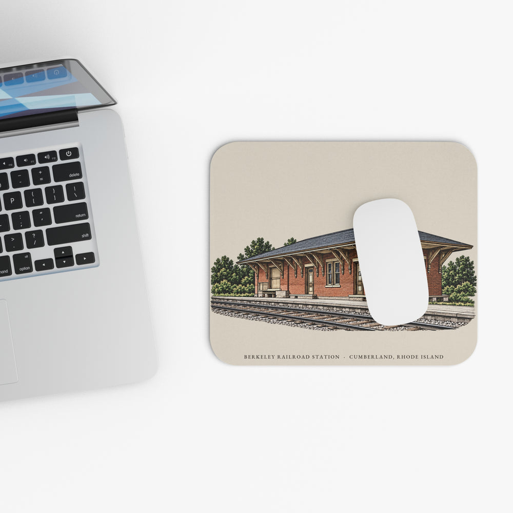 Cumberland Berkeley Railroad Station mouse pad mockup showing the full illustrated print
