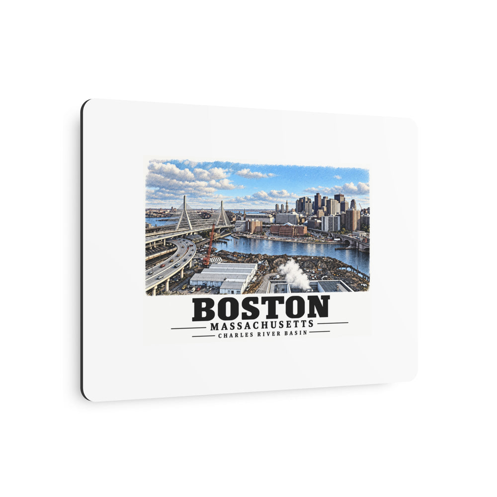 Angled view of Boston skyline, cable-stayed bridge and Charles River basin metal print with its dark edge visible