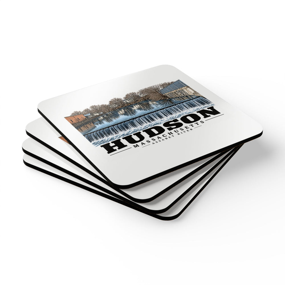 Illustrated Assabet River in Hudson on corkwood coaster set