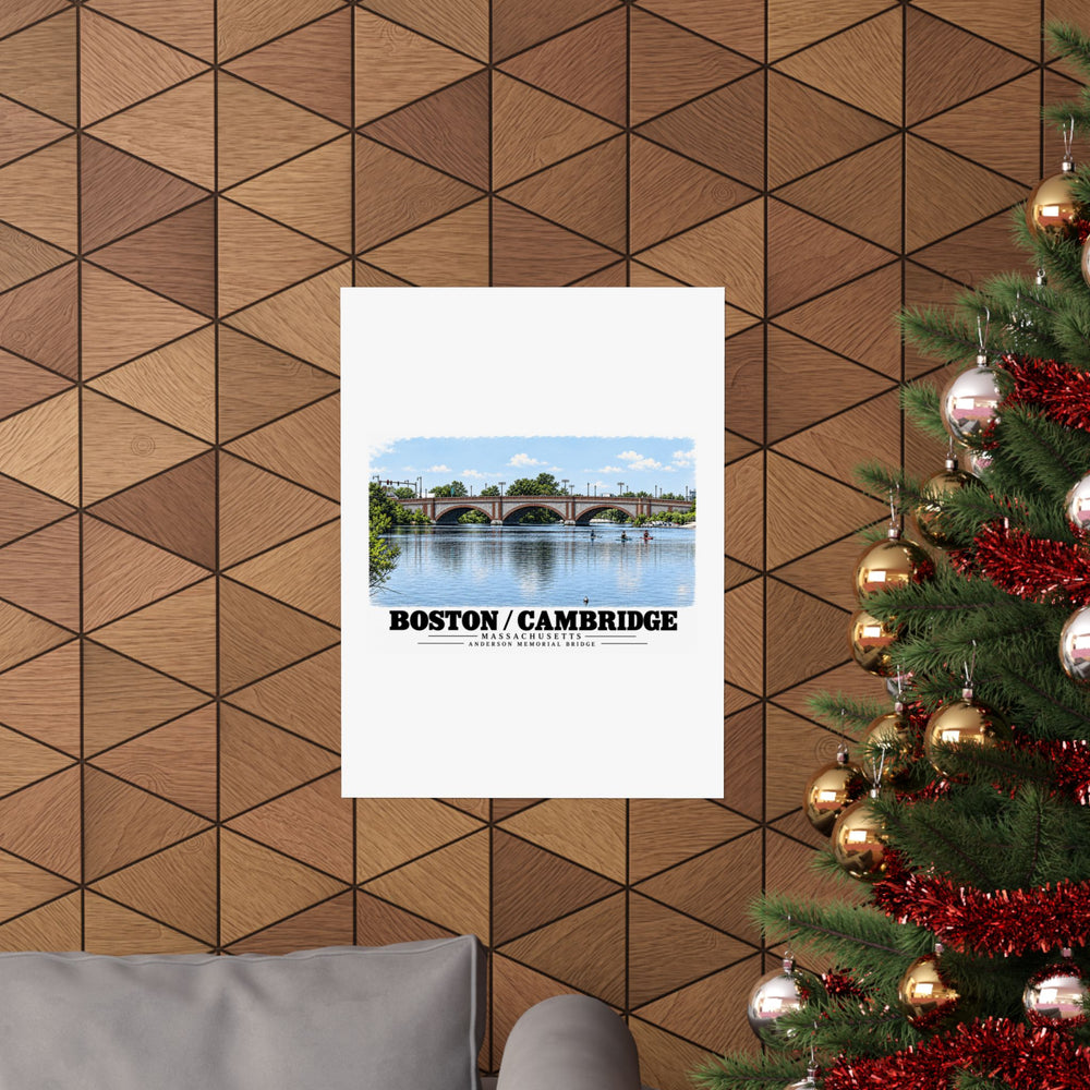Anderson Memorial Bridge and scullers poster on a wood wall beside a decorated evergreen