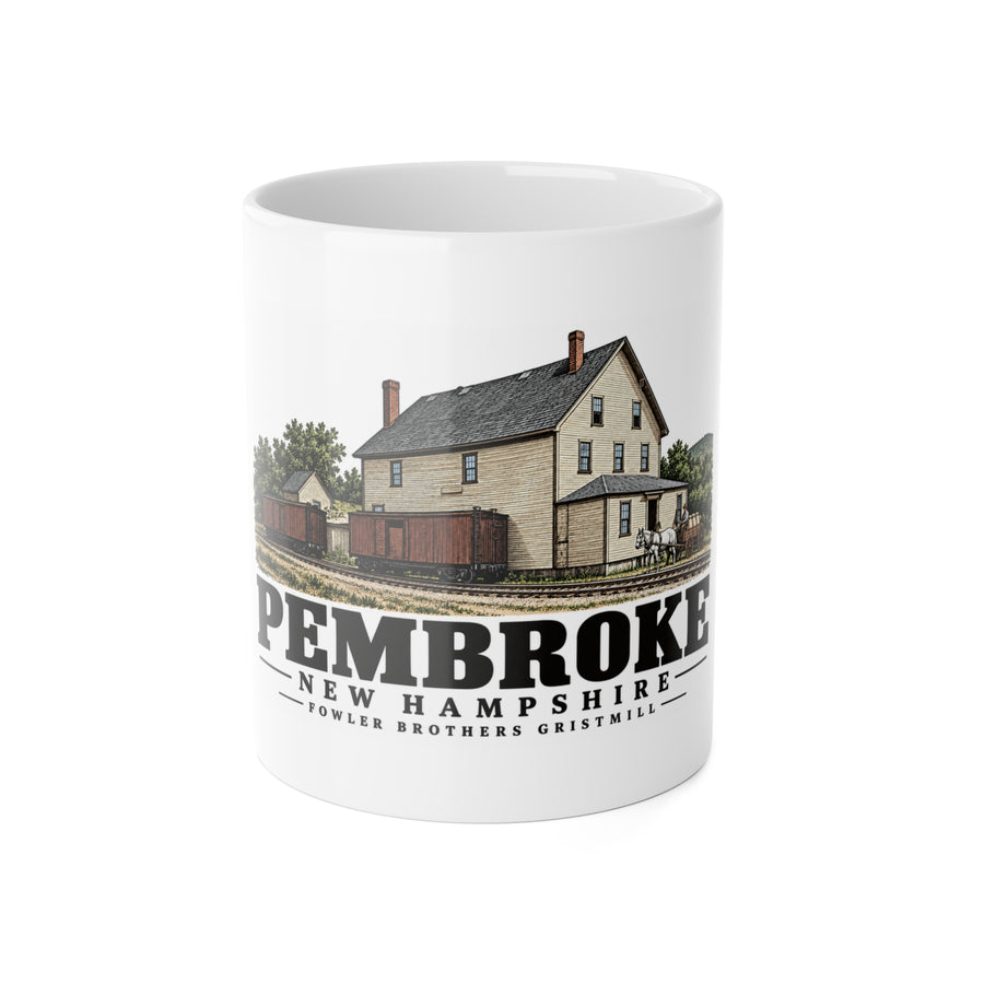 Pembroke Fowler Brothers gristmill and grain storehouse with boxcars 11 oz White Ceramic Mug - Merrimack Valley Goods