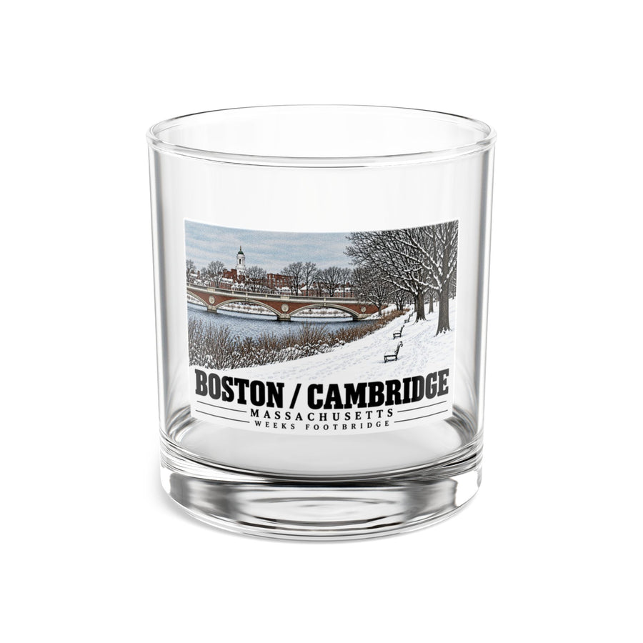 Clear rocks glass showing Weeks Footbridge winter riverbank view with snow and benches artwork and Boston/Cambridge lettering