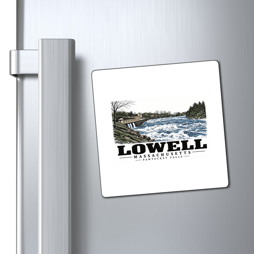 Refrigerator display of Pawtucket Falls square magnet, with Lowell, Massachusetts artwork and lettering.