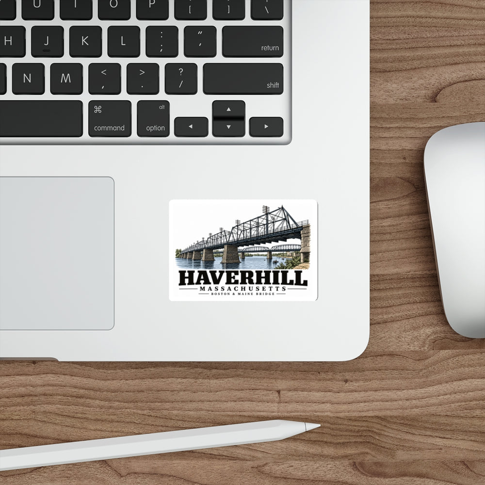 Laptop display of Boston & Maine Bridge white die-cut sticker, with Haverhill, Massachusetts artwork and lettering.