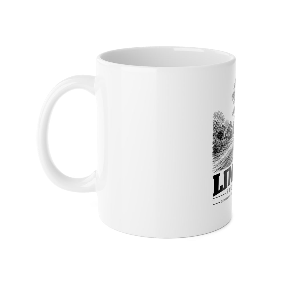 Left side of Lincoln, Rhode Island — Old Ashton Kelly House and Blackstone Canal ceramic mug showing the handle and edge of the print