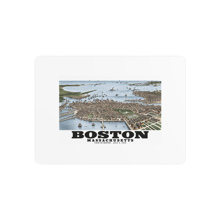 Metal wall print showing historic Boston harbor panorama with boats and waterfront buildings artwork and Boston lettering